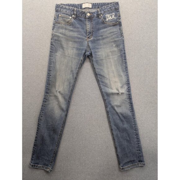 Dior Jeans Mens 31 Blue Distressed Slim Fit Embroidered Logo Denim Designer - Picture 1 of 16